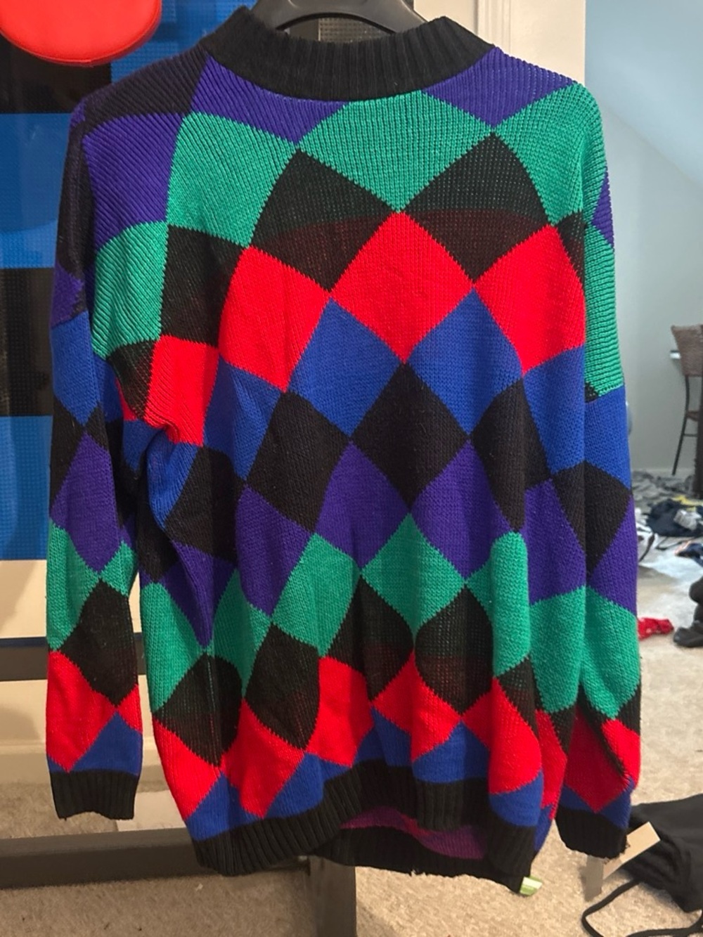 Vintage Adele Mens Multi-Color Argyle Knit Sweater - Black/Red/Green/Blue/Purple